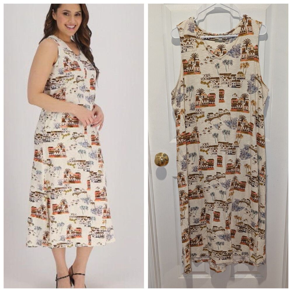 Coastal Luxury‎ Villa Print Linen Blend Maxi Dress Coastal Grandmillennial 2X